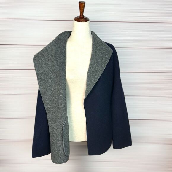 Talbots Felted Wool Navy Blue and Gray Jacket Open Front Wing Collar Pockets L - Picture 4 of 10